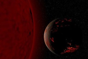 Conjectured illustration of the scorched Earth after the Sun has entered the red giant phase, 7 billion years from now.