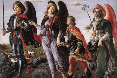 The Archangel Michael (left), Gabriel (right) and Raphael accompany Tobias. Francesco Botticini, 1470; Galleria degli Uffizi, Florence. Source: Joachim Schäfer 