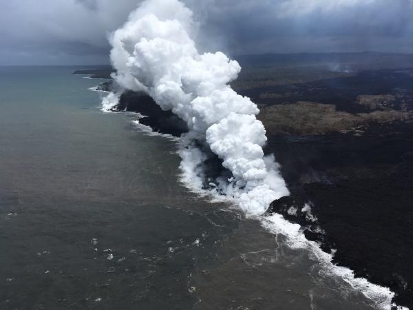Kilaeurea May 25 An aerial view, looking west, of the two active ocean entries on Kīlauea Volcano's lower East Rift Zone.