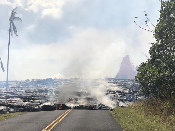 May 27 Pāhoehoe lava advancing west from fissure 7 (lava fountain in background) on Leilani Avenue. USGS