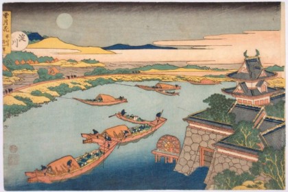 Hokusai (1760-1849), Boats and Moon, an ukiyo-e print