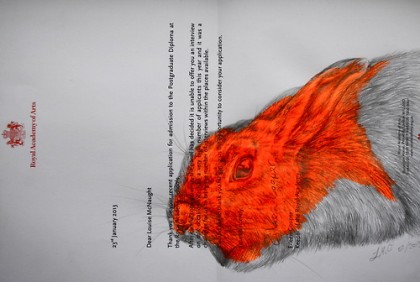 ‘Wild Rabbit in the Headlights 5#’, pencil & acrylic on rejection letter’, 21x29cm (2013) by Louise McNaught
